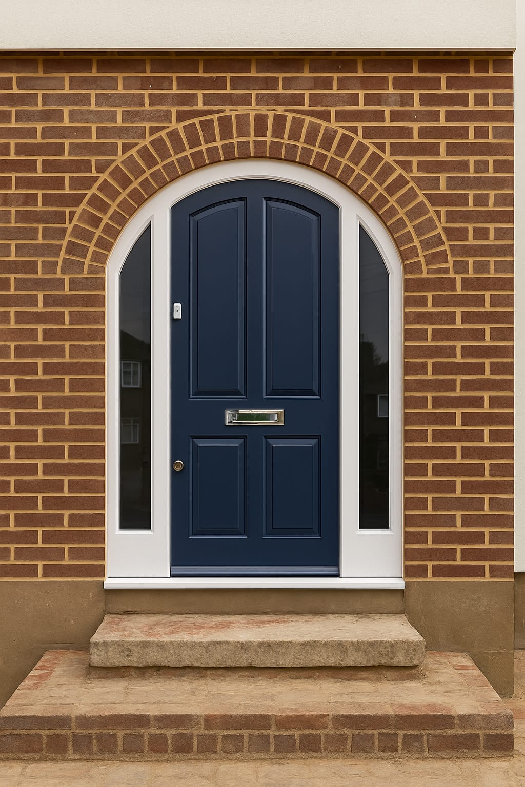 Front view of blue arched door on brick wall with glass side panels