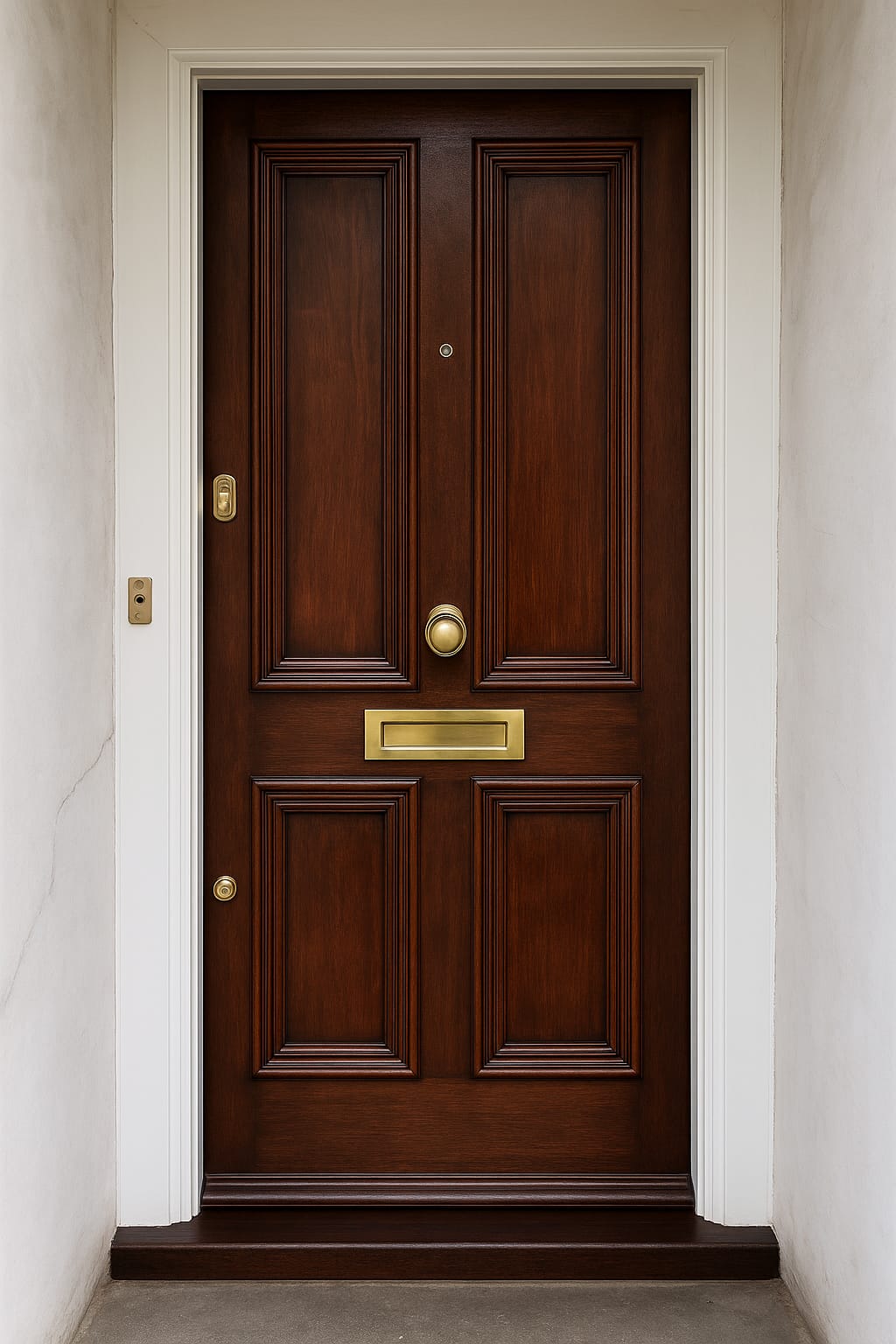 Classic dark brown wood door with gold detailing