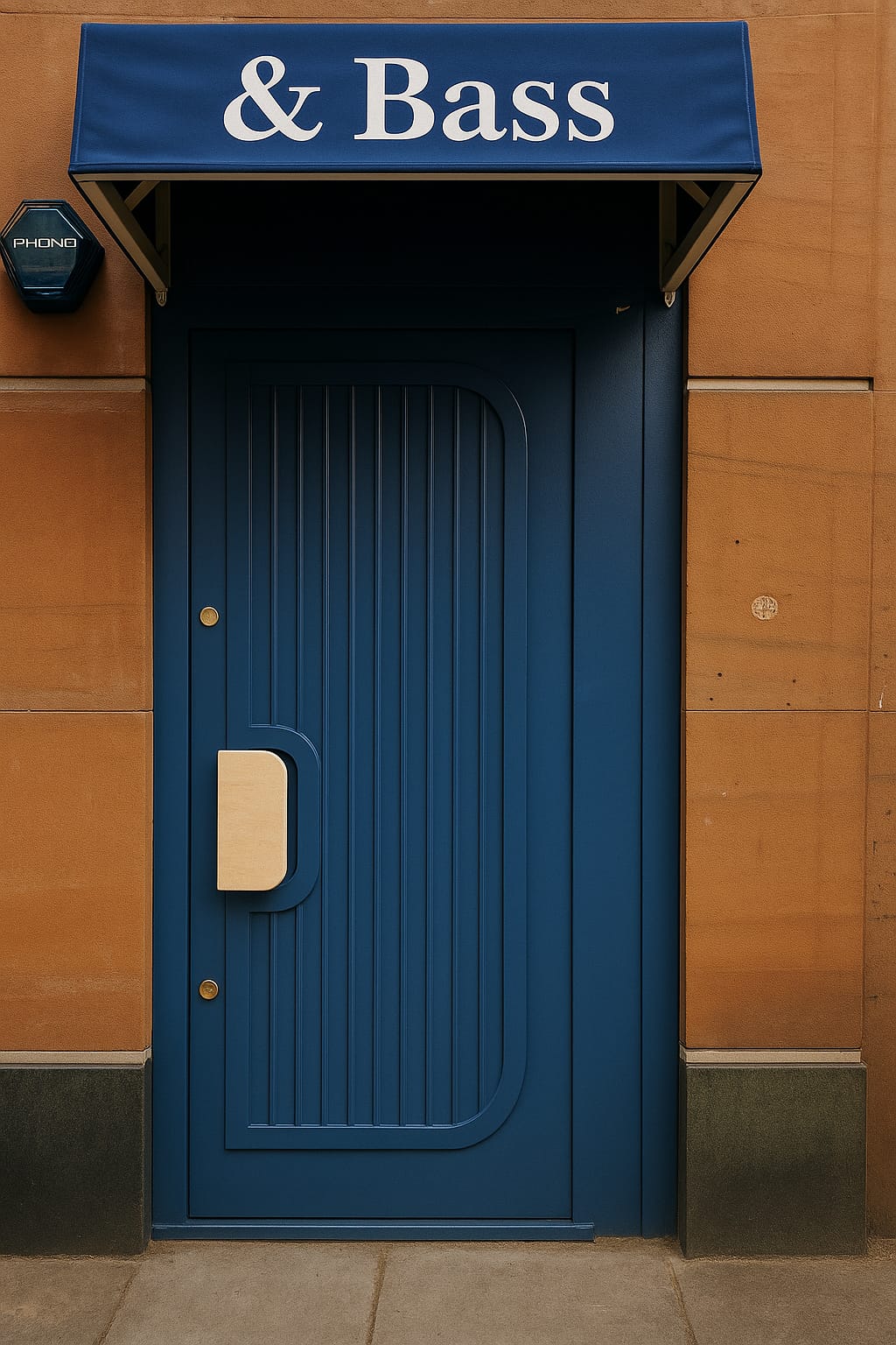 Blue shop door with brass modern door handle.