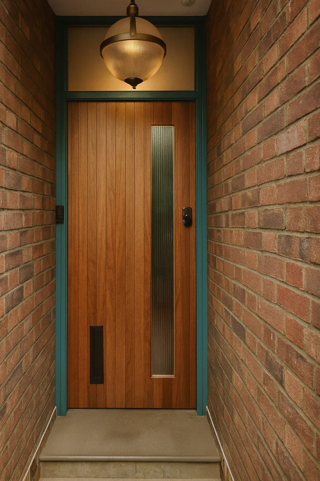 Modern Light brown wood door with glass panel.